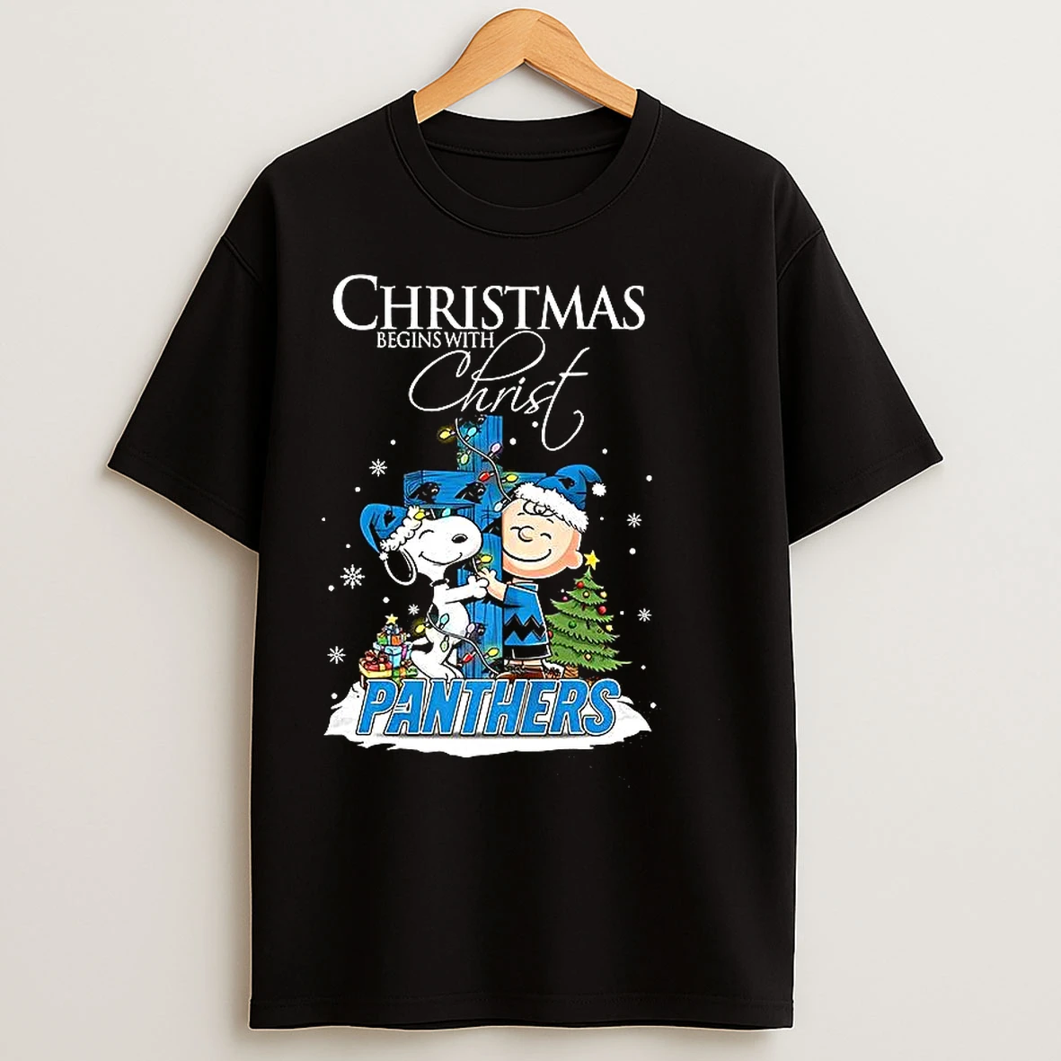 Classic Snoopy And Charlie Brown X Carolina Panthers Christmas Begins With Christ Cross T Shirts