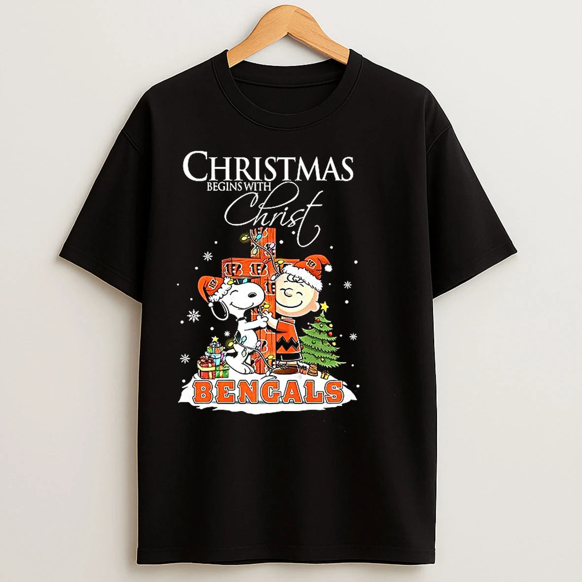 Classic Snoopy And Charlie Brown X Cincinnati Bengals Christmas Begins With Christ Cross T Shirts