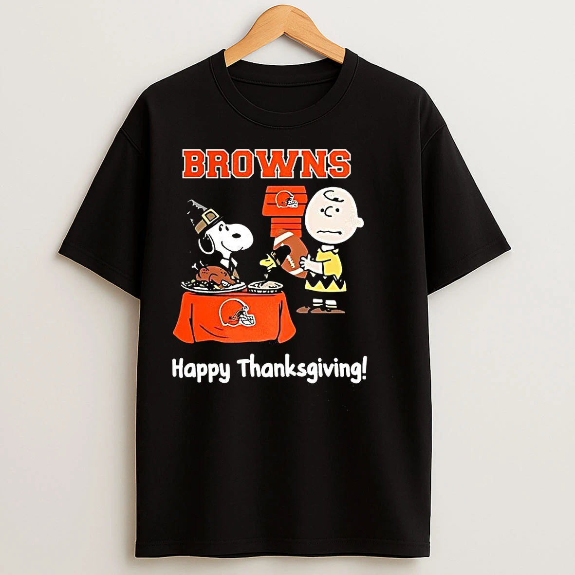 Classic Snoopy And Charlie Brown X Cleveland Browns Football Happy Thanksgiving T Shirts