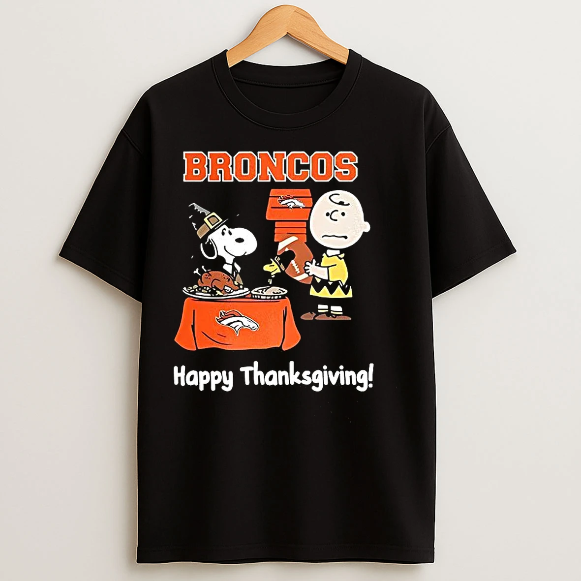 Classic Snoopy And Charlie Brown X Denver Broncos Football Happy Thanksgiving T Shirts