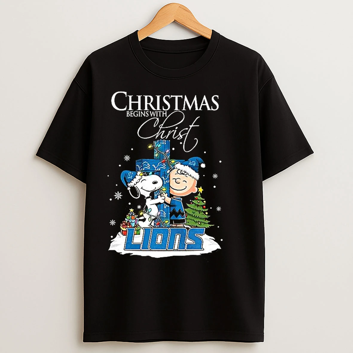 Classic Snoopy And Charlie Brown X Detroit Lions Christmas Begins With Christ Cross T Shirts