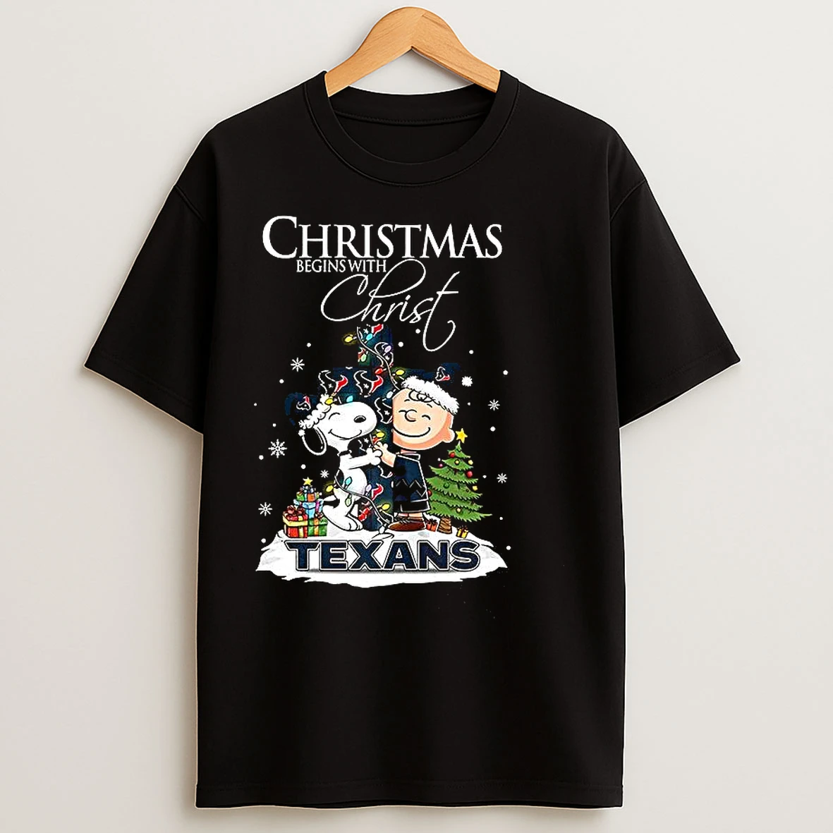 Classic Snoopy And Charlie Brown X Houston Texans Christmas Begins With Christ Cross T Shirts