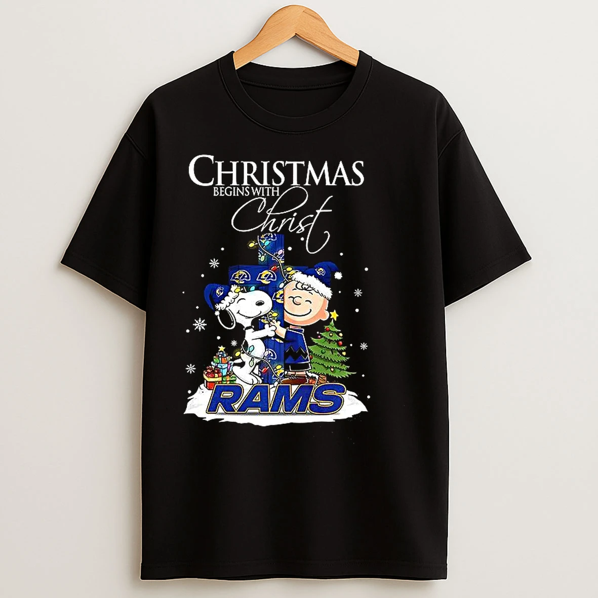 Classic Snoopy And Charlie Brown X Los Angeles Rams Christmas Begins With Christ Cross T Shirts