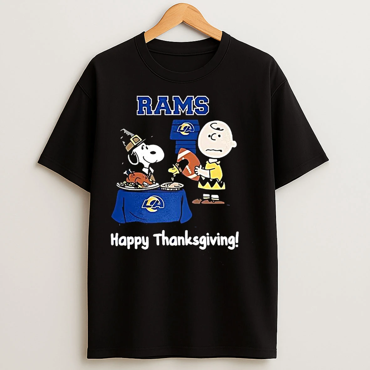 Classic Snoopy And Charlie Brown X Los Angeles Rams Football Happy Thanksgiving T Shirts
