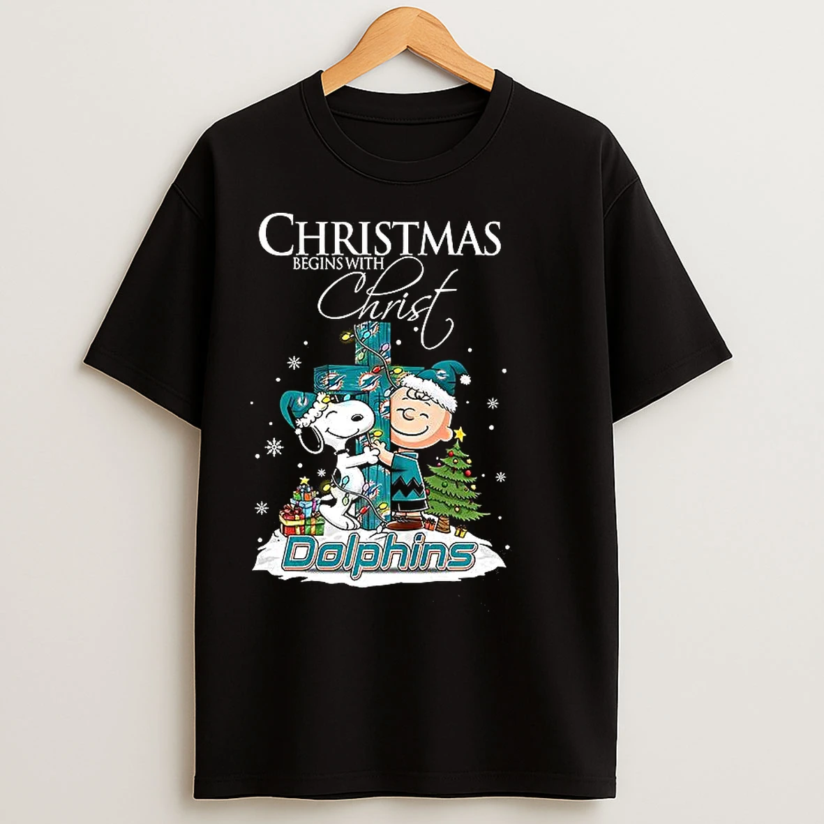 Classic Snoopy And Charlie Brown X Miami Dolphins Christmas Begins With Christ Cross T Shirts
