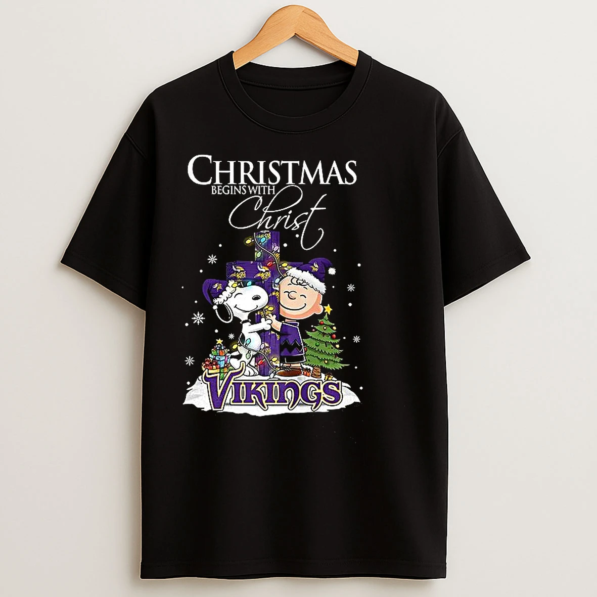 Classic Snoopy And Charlie Brown X Minnesota Vikings Christmas Begins With Christ Cross T Shirts