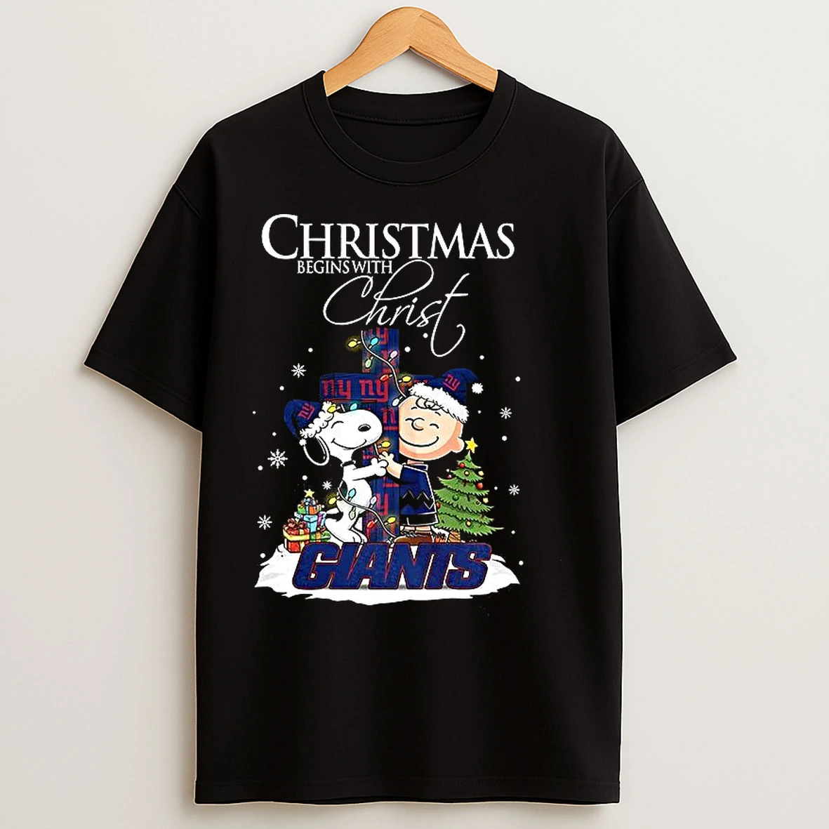 Classic Snoopy And Charlie Brown X New York Giants Christmas Begins With Christ Cross T Shirts