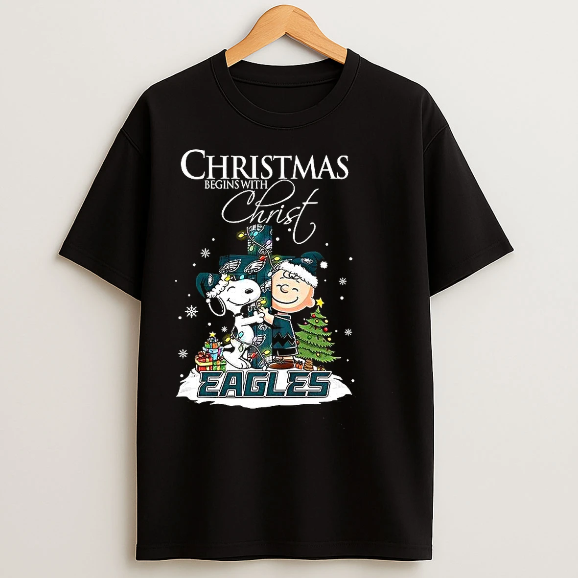 Classic Snoopy And Charlie Brown X Philadelphia Eagles Christmas Begins With Christ Cross T Shirts