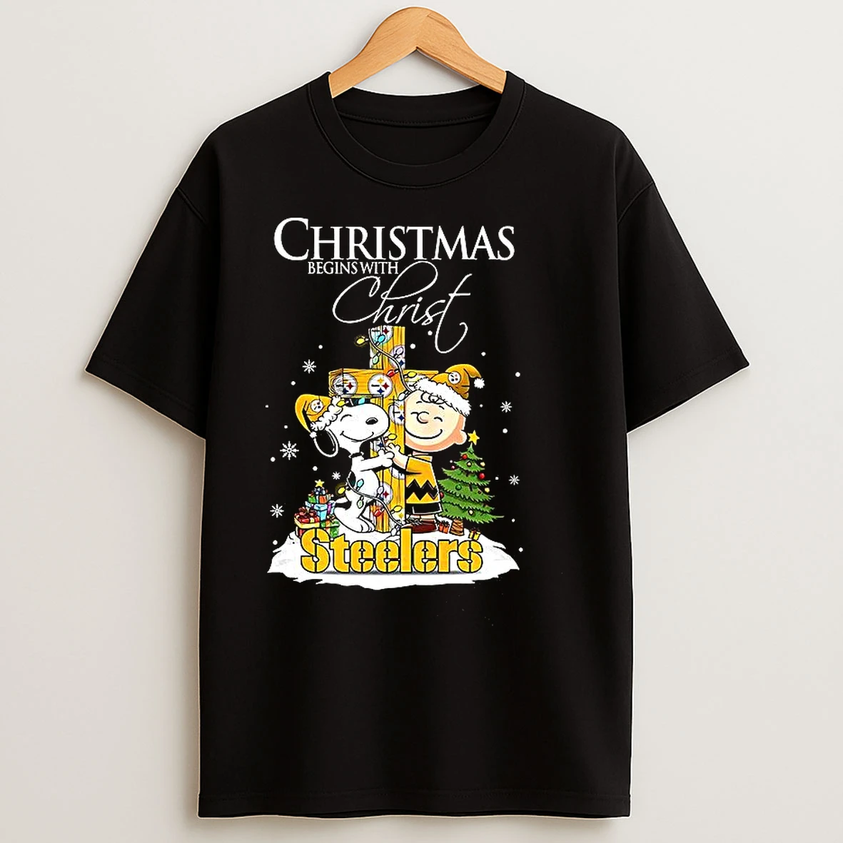 Classic Snoopy And Charlie Brown X Pittsburgh Steelers Christmas Begins With Christ Cross T Shirts