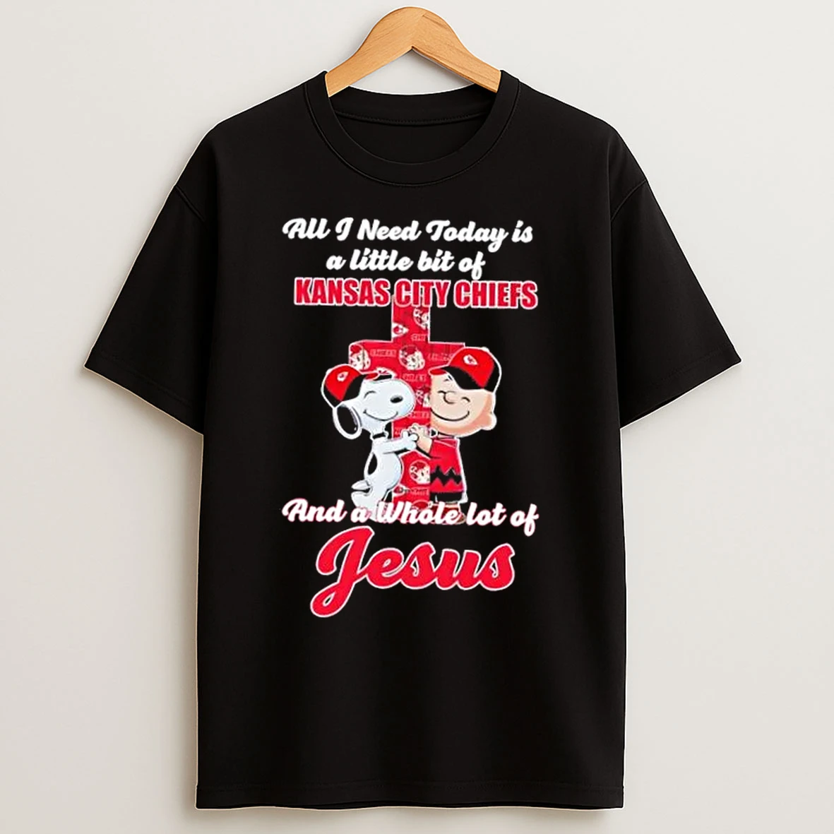 Classic Snoopy And Charlie Brown Hug Cross A Little Bit Of Kansas City Chiefs And A Whole Lot Of Jesus T Shirts