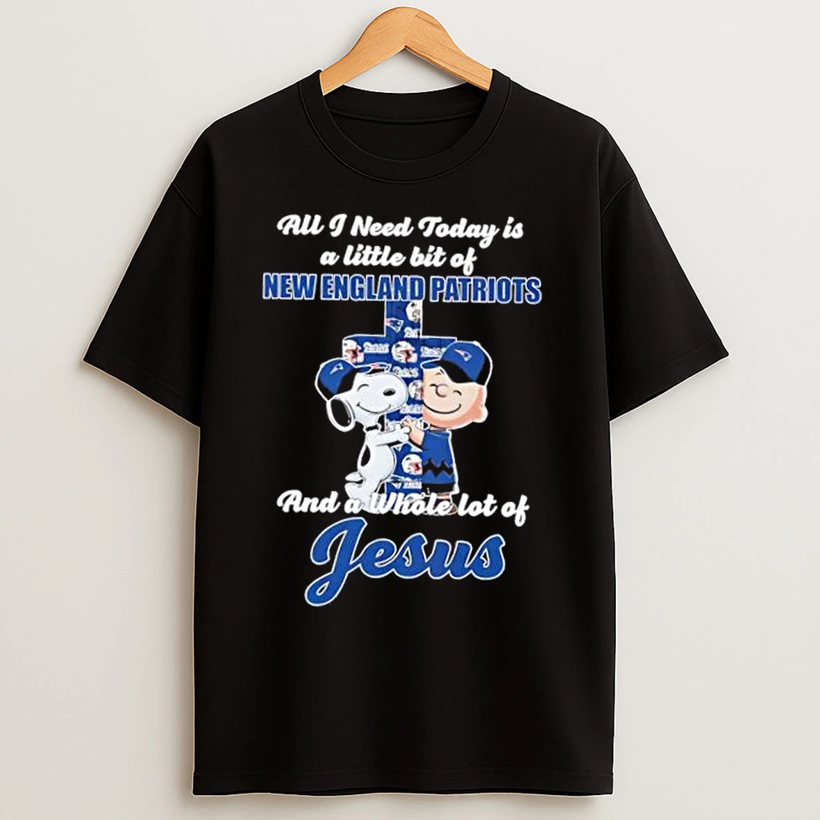 Classic Snoopy And Charlie Brown Hug Cross A Little Bit Of New England Patriots And A Whole Lot Of Jesus T Shirts