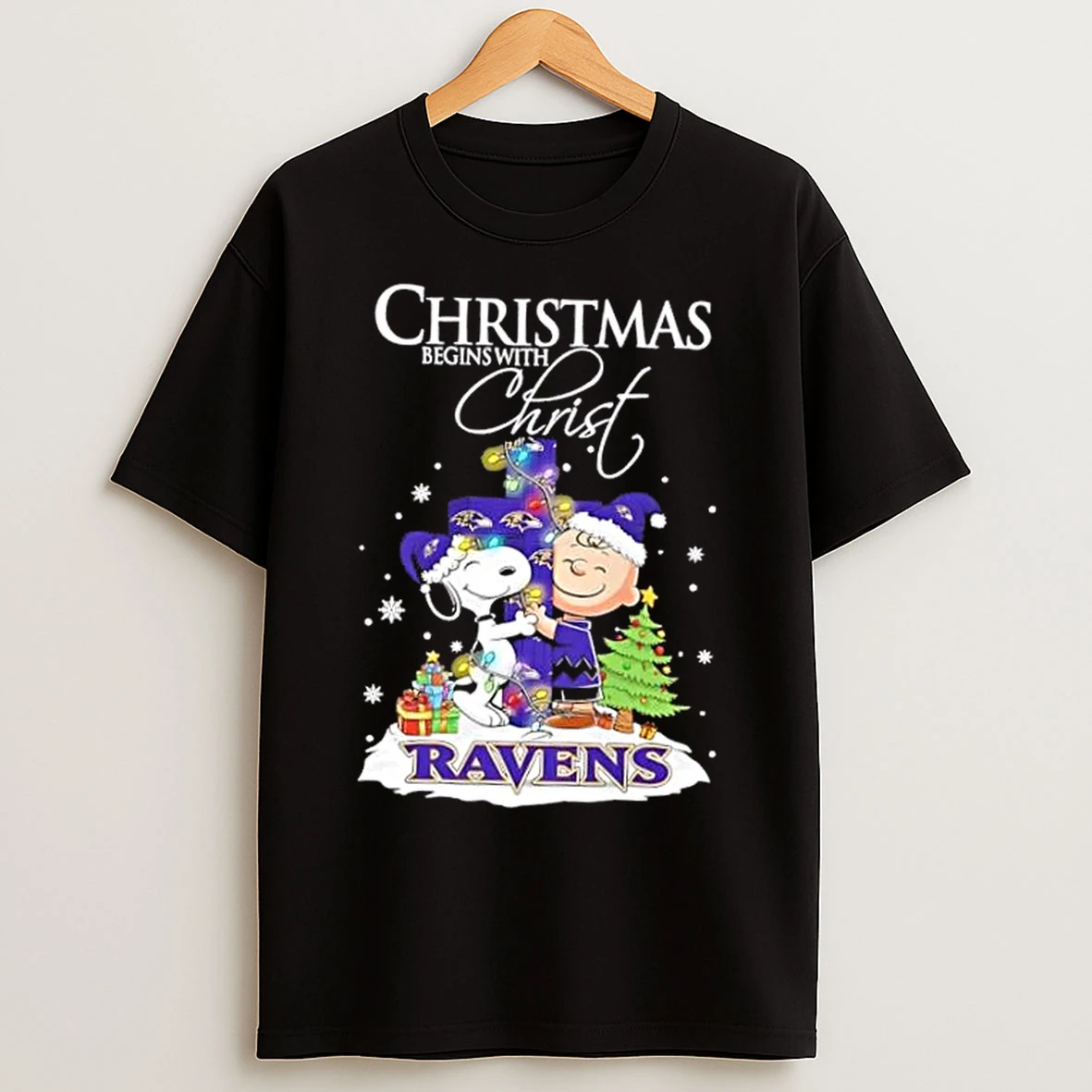 Classic Snoopy And Charlie Brown X Baltimore Ravens Christmas Begins With Christ T Shirts