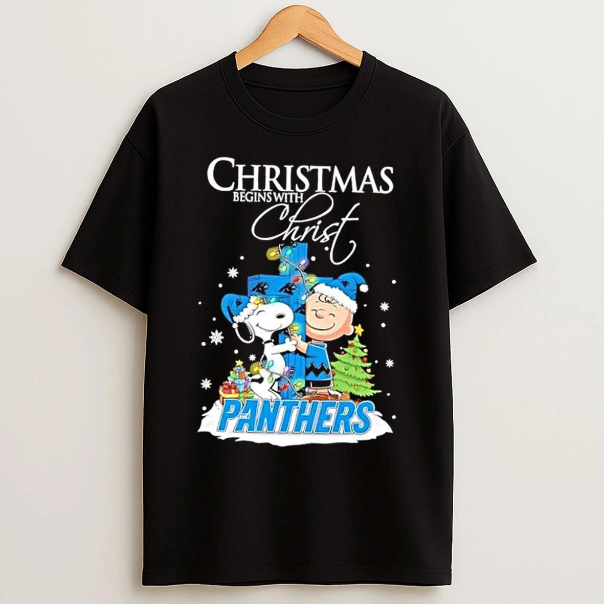 Classic Snoopy And Charlie Brown X Carolina Panthers Christmas Begins With Christ T Shirts