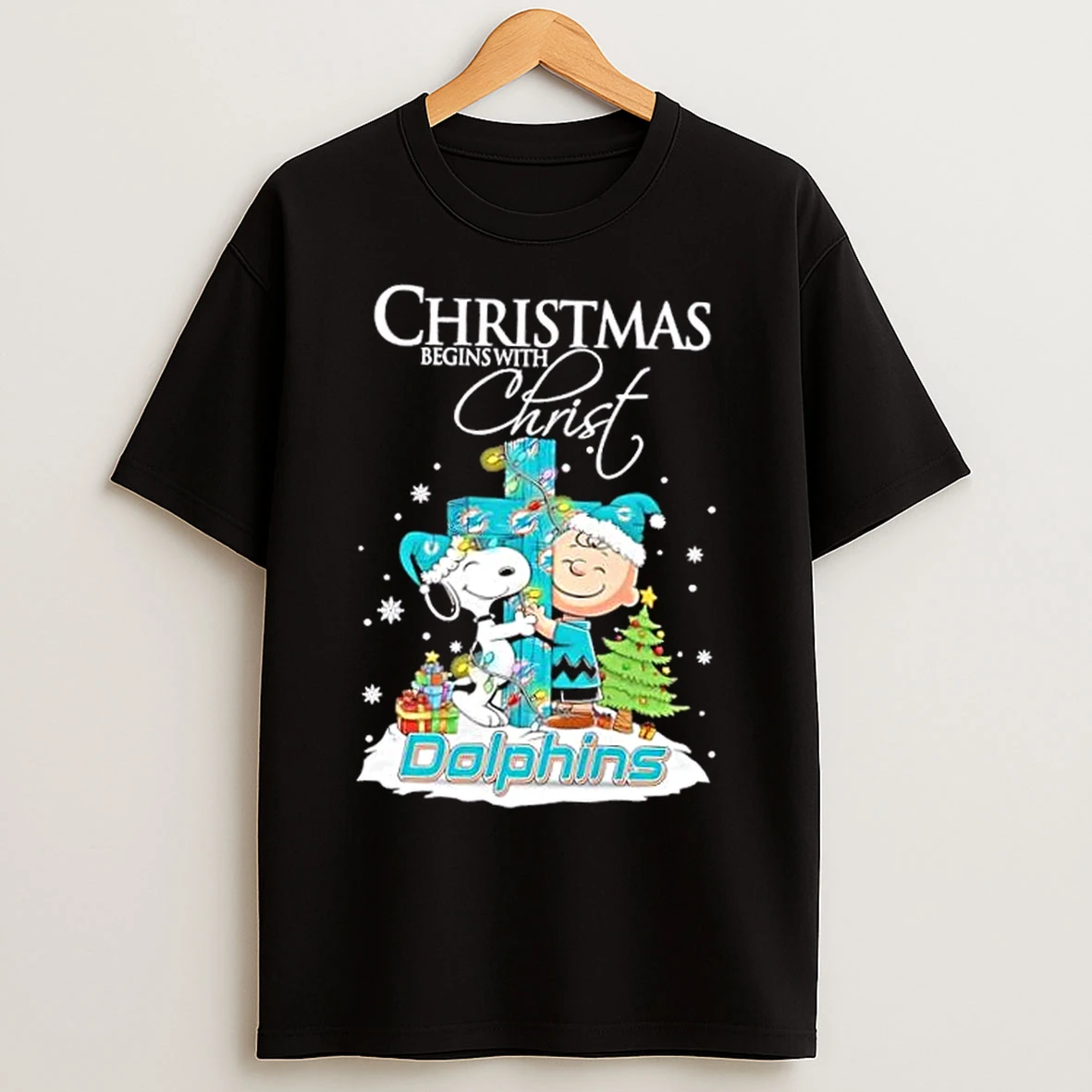Classic Snoopy And Charlie Brown X Miami Dolphins Christmas Begins With Christ T Shirts