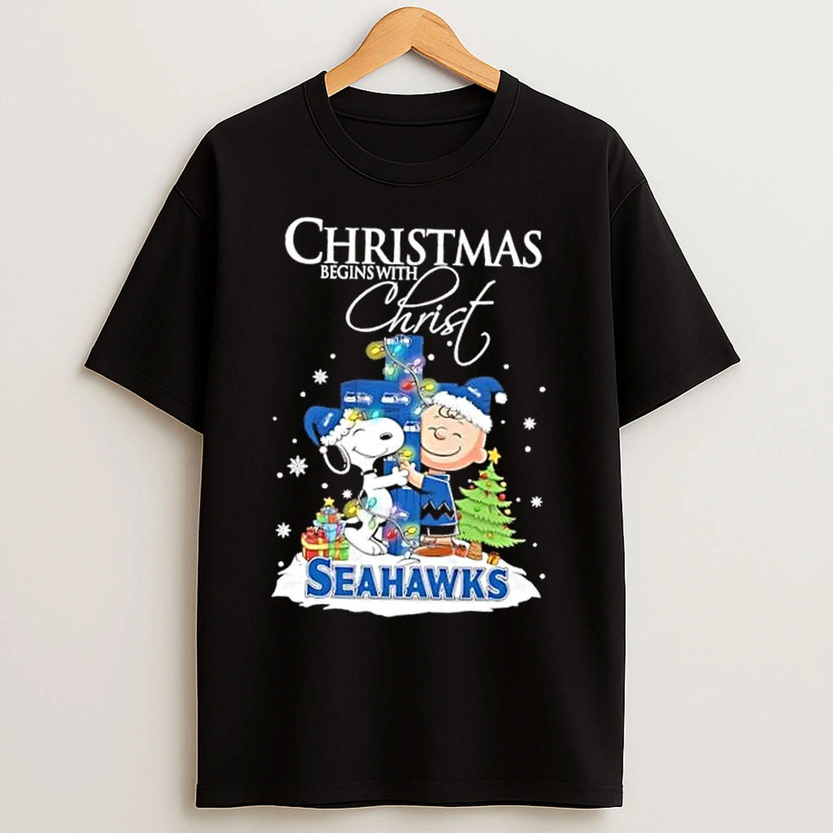Classic Snoopy And Charlie Brown X Seattle Seahawks Christmas Begins With Christ T Shirts
