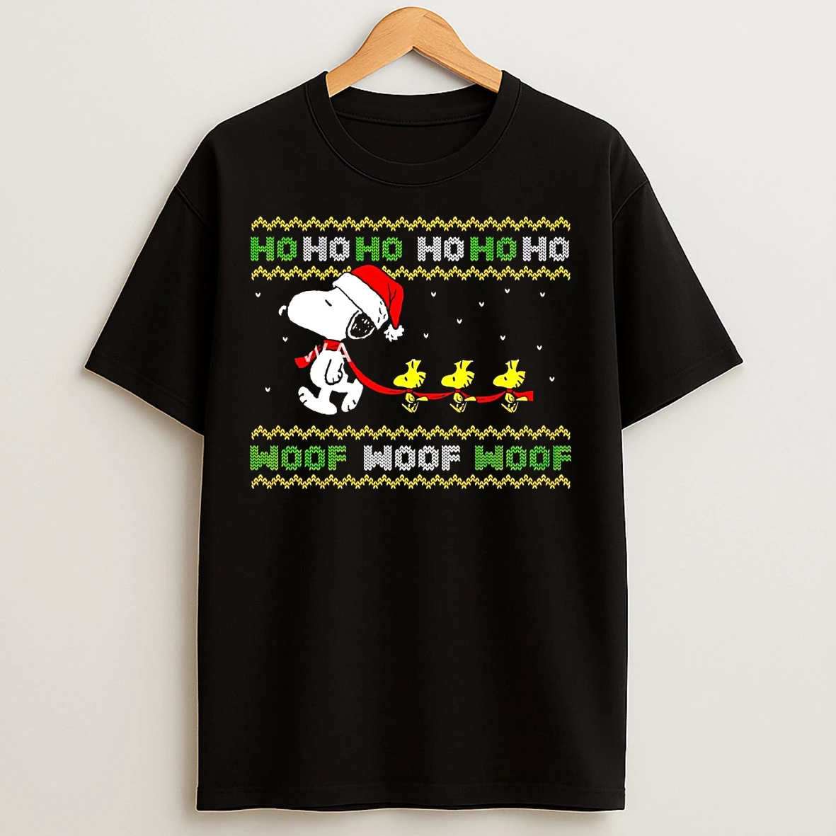 Classic Snoopy And Woodstock Ho Ho Ho Woof Woof Woof Ugly Christmas T Shirts