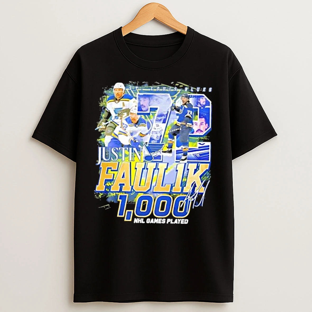 Classic St Louis Blues Justin Faulk 1 000 Nhl Games Played Signature T Shirts