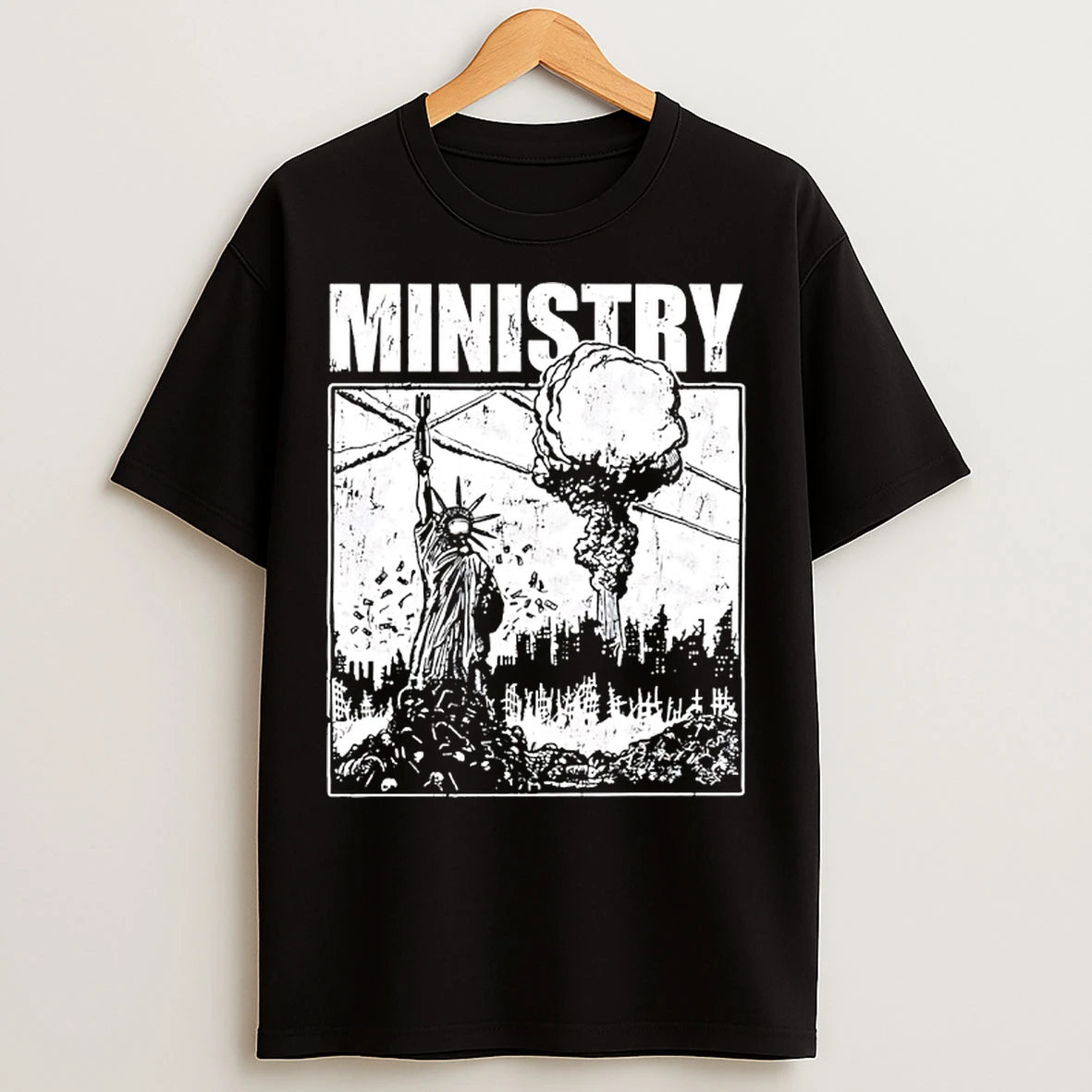 Classic Statue Of Ministery A Mushroom Cloud Explosion T Shirts