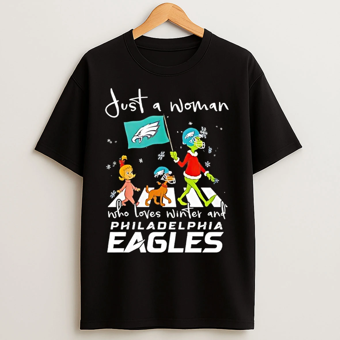 Classic The Grinch Christmas Walk Just A Woman Who Loves Winter And Philadelphia Eagles T Shirts