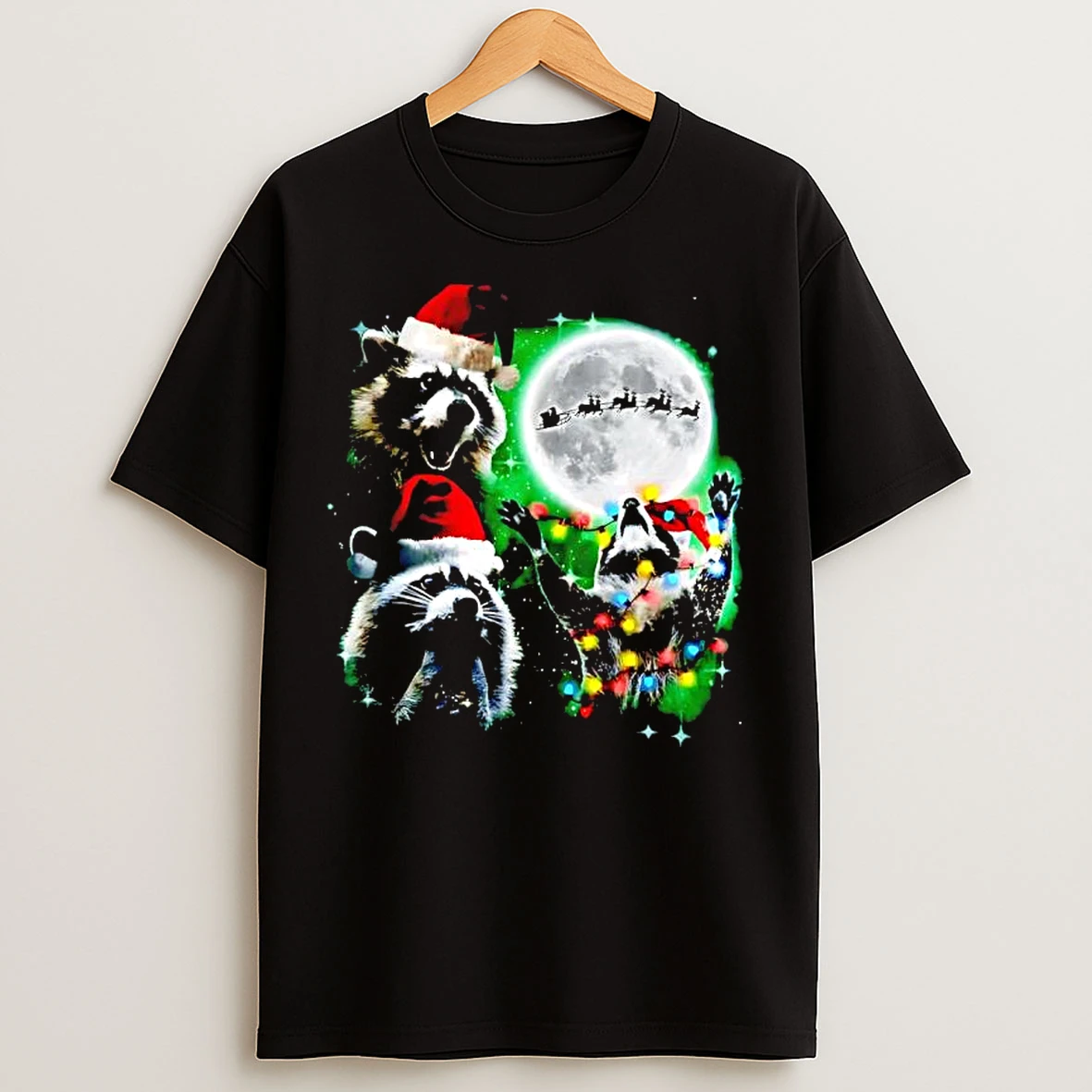 Classic Three Raccoons With The Moon Christmas Santa Hat T Shirts