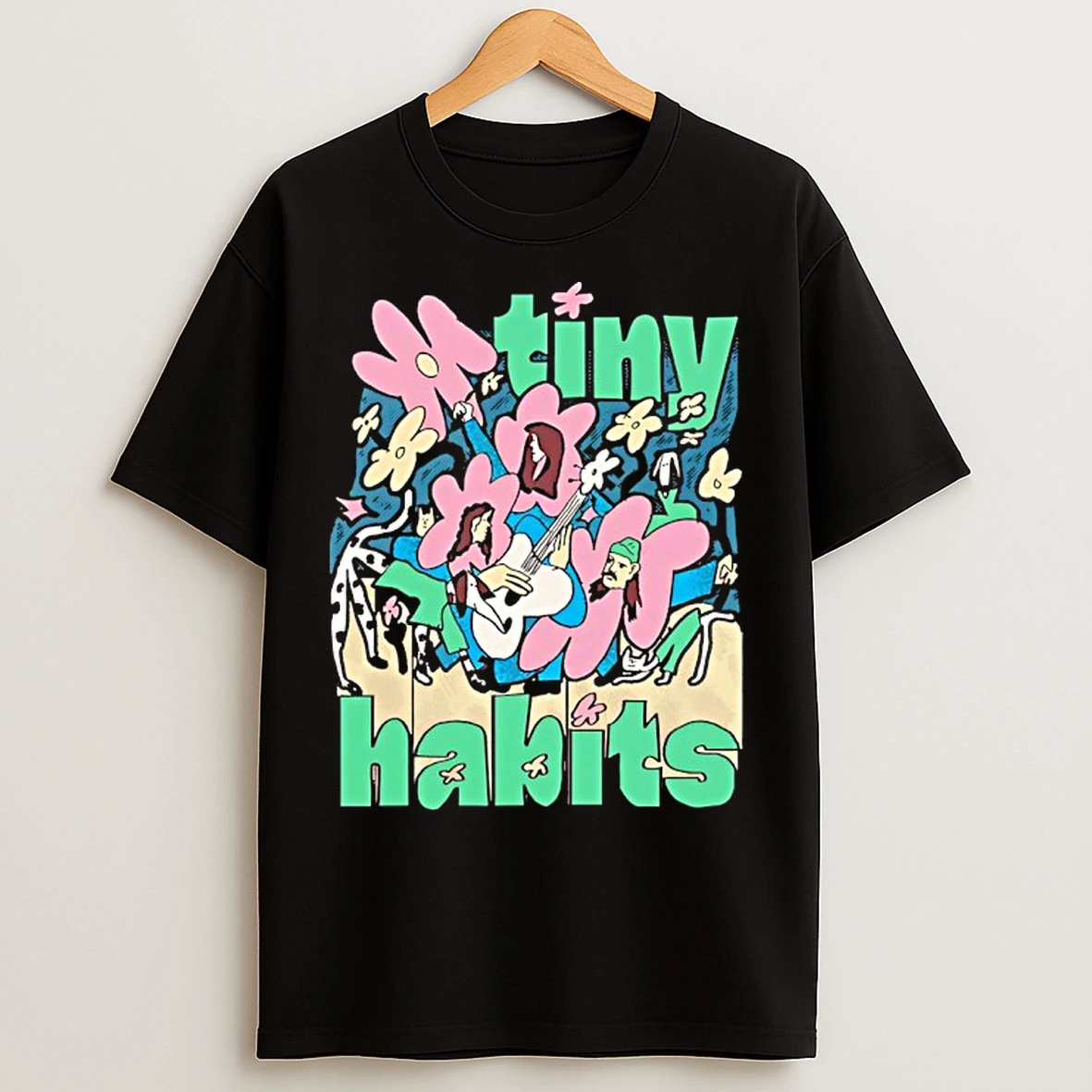 Classic Tiny Habits Playing Guitar Flowers T Shirts
