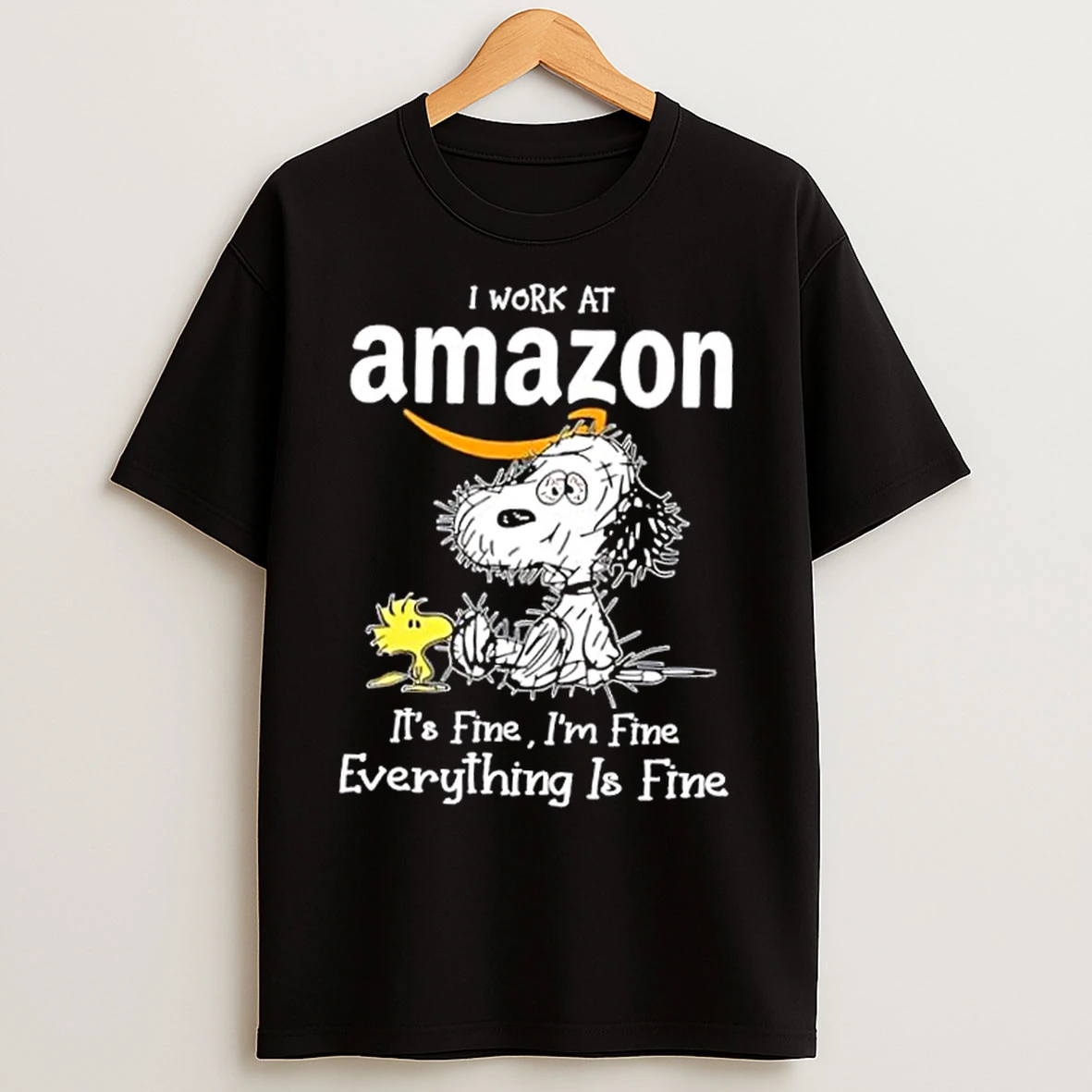 Classic Tired Snoopy I Work At Amazon Its Fine Im Fine Everything Is Fine T Shirts
