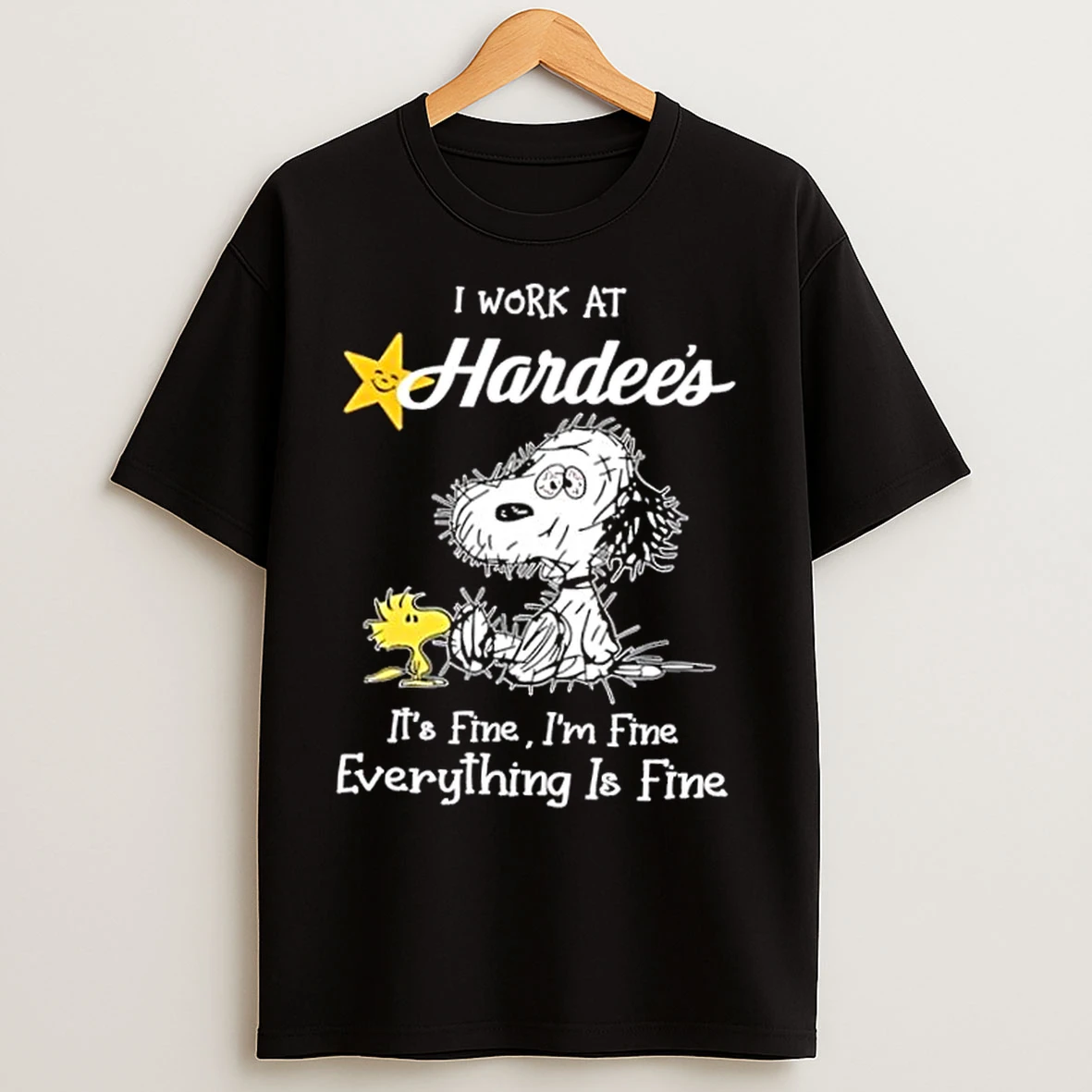 Classic Tired Snoopy And Woodstock I Work At Hardees Its Fine Im Fine Everything Is Fine T Shirts