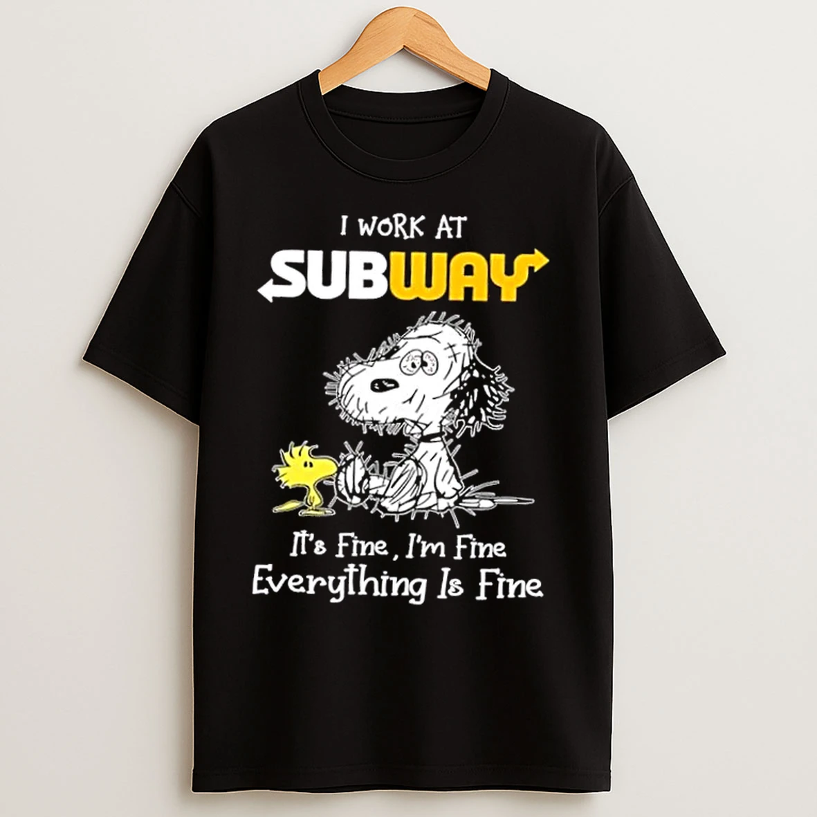 Classic Tired Snoopy And Woodstock I Work At Subway Its Fine Im Fine Everything Is Fine T Shirts