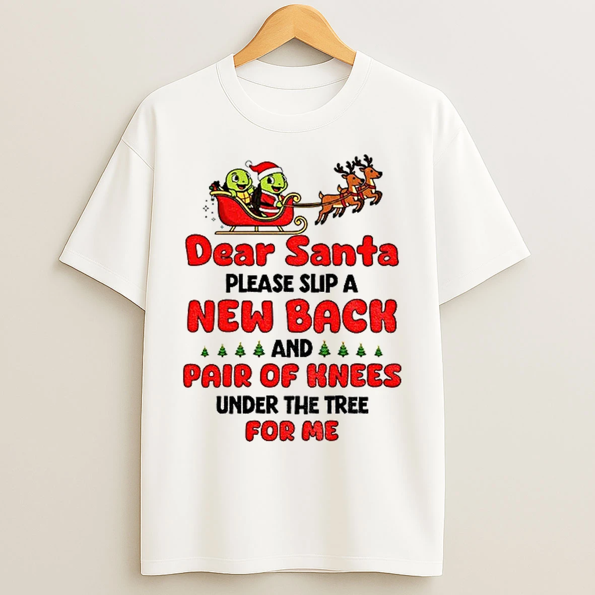 Classic Turtle Santa Claus Dear Santa Please Slip A New Back And Pair Of Knees Under The Tree For Me Merry Christmas T Shirts