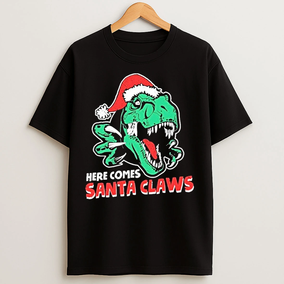 Classic Ugly Xmas Dinosaur Here Comes Santa Claws Claus T Shirts