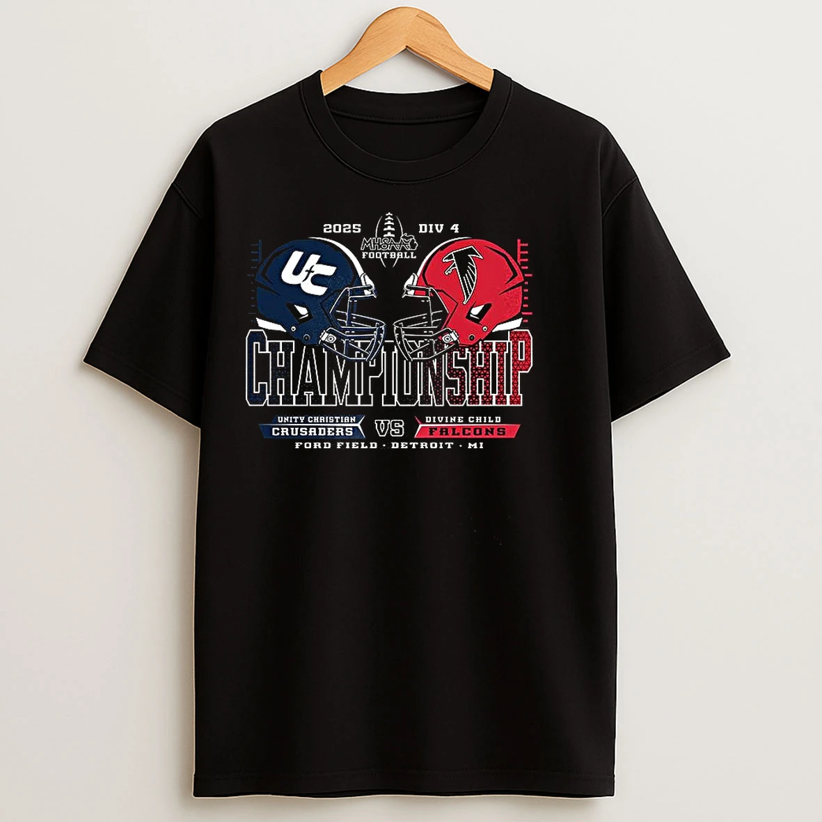 Classic Unity Christian Crusaders Vs Divine Child Falcons 2025 Mhsaa Football Division 4 H2h Championship T Shirts