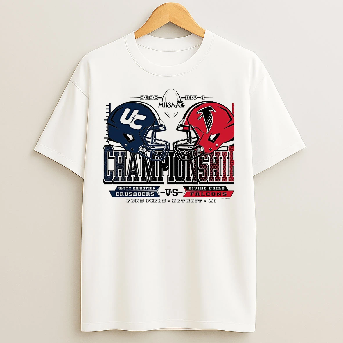 Classic Unity Christian Crusaders Vs Divine Child Falcons 2025 Football D4 Championship T Shirts