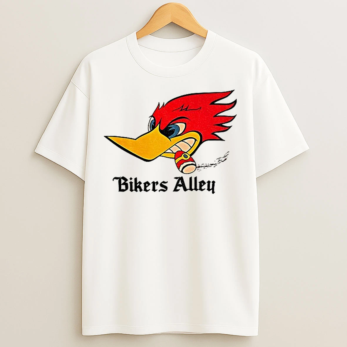 Classic Woody Woodpecker Smoking Bikers Alley Logo T Shirts