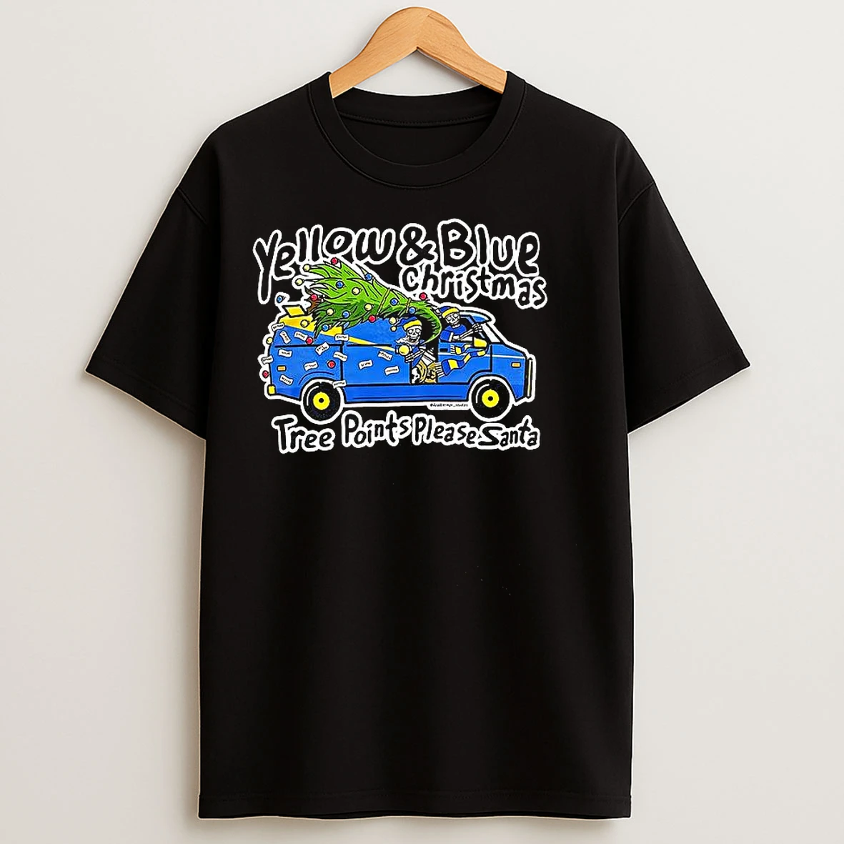 Classic Yellow And Blue Christmas Tree Point Please Santa T Shirts
