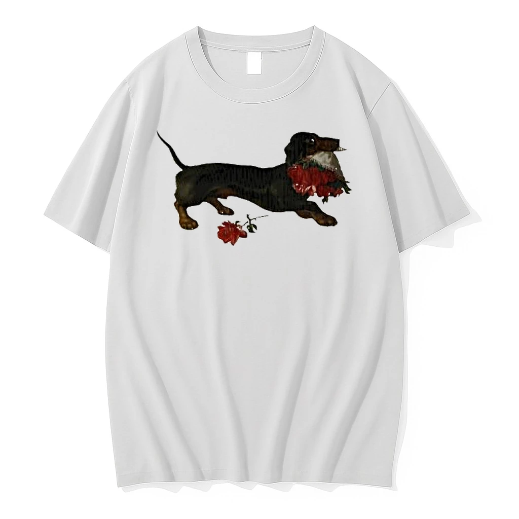 Dachshund Running With A Bouquet Of Red Flowers In Her Mouth Shirts