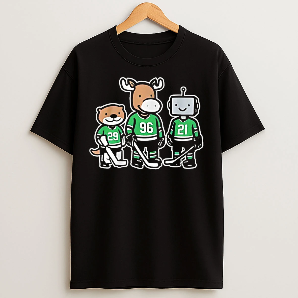 Dallas Hockey Jake Oettinger Mikko Rantanen And Jason Robertson Otter Moose And Robo Guys Mascot T Shirts