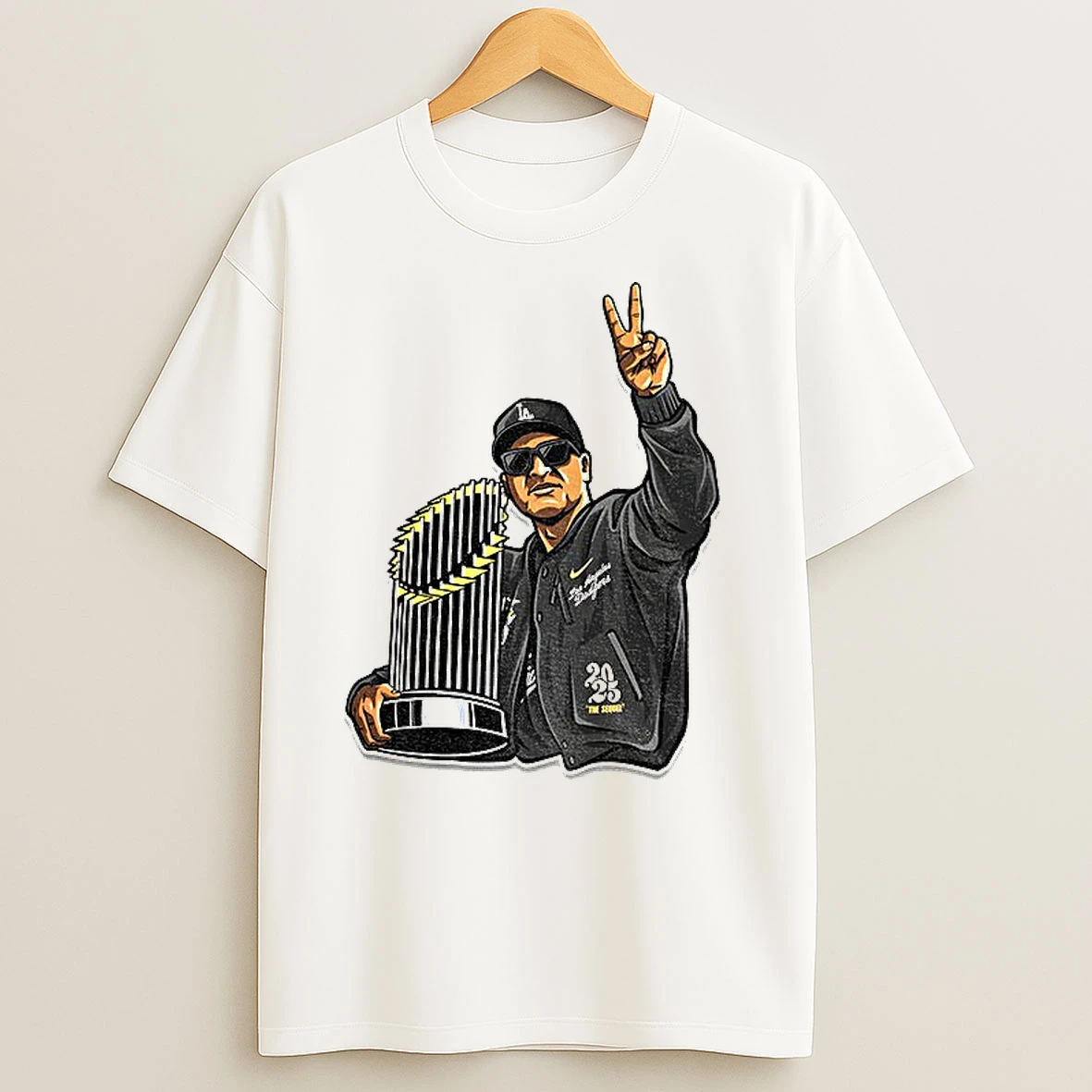 Dave Roberts Holding World Series Trophy Fingers Up T Shirts