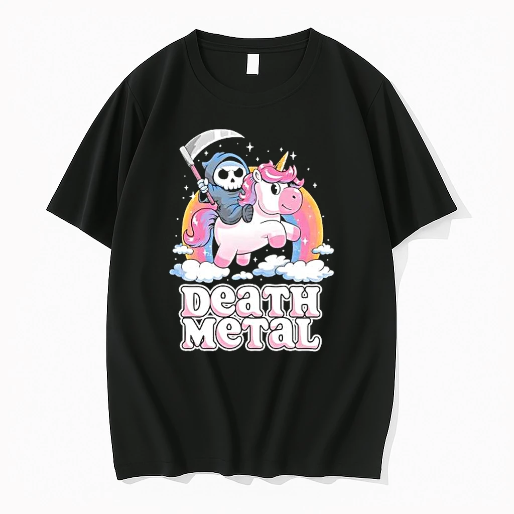 Death Metal Grim Reaper Riding Unicorn Cartoon Shirts