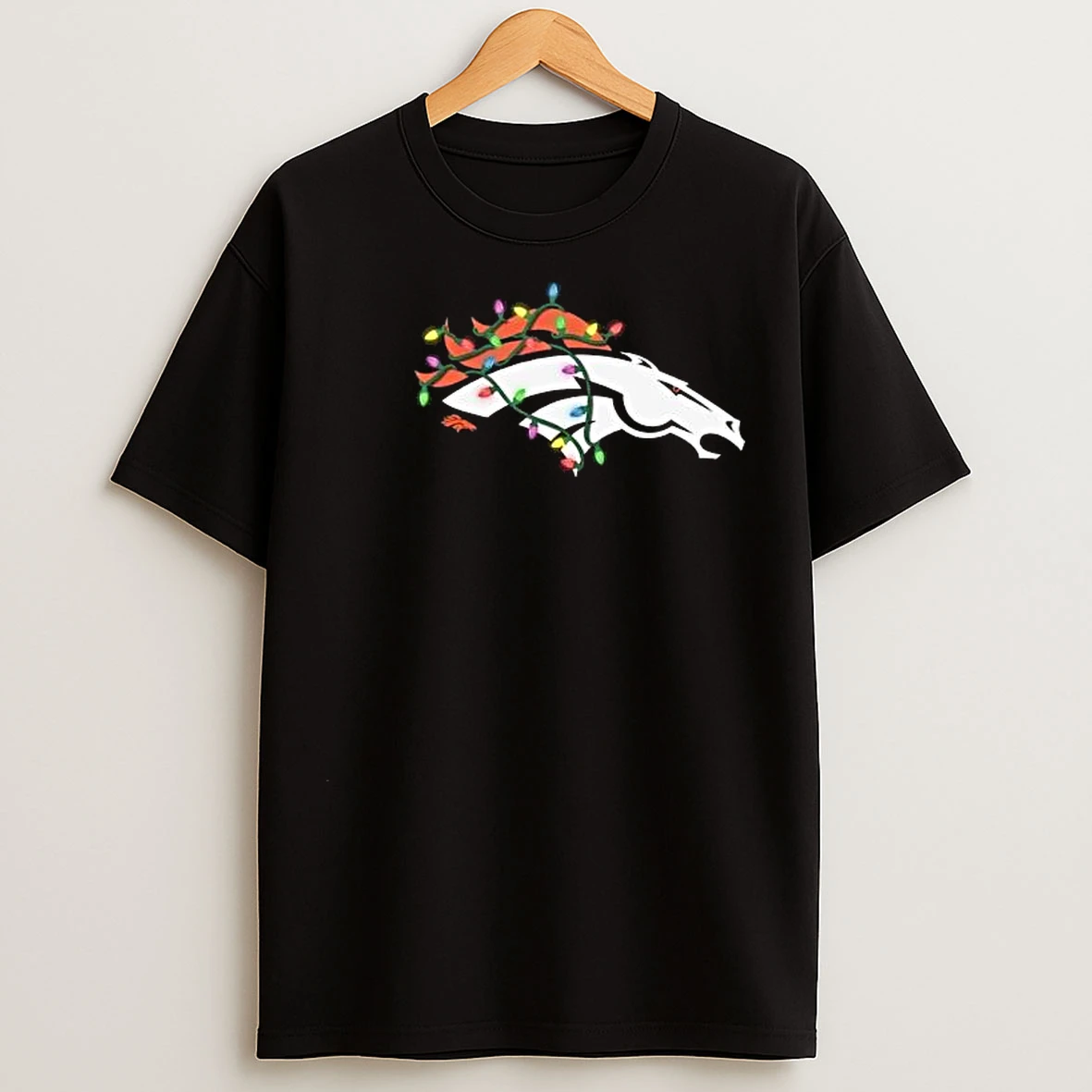 Denver Broncos Primary Logo Holiday Lights 2025 Circle Black T Shirts