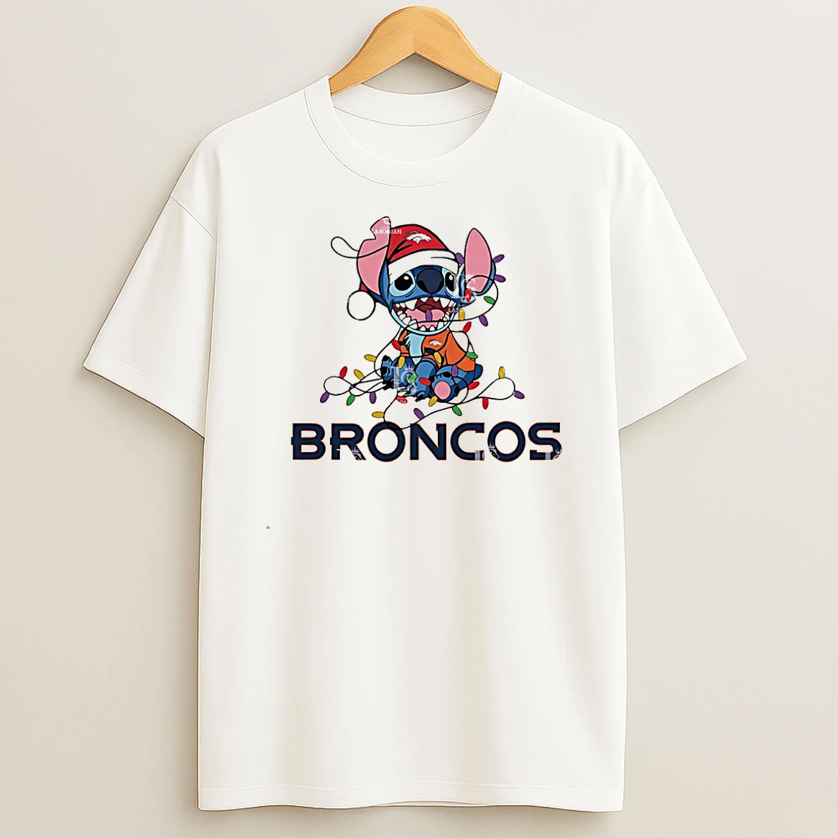 Denver Broncos With Stitch Christmas Lights Shirts