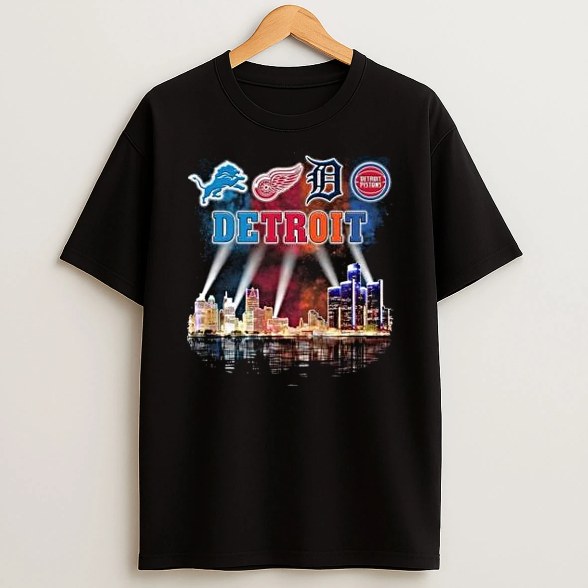 Detroit City Sports Lions Red Wings Tigers And Pistons Skyline Light 2025 Shirts