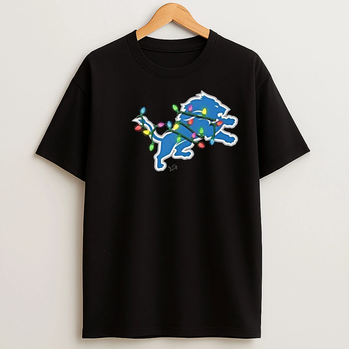 Detroit Lions Primary Logo Holiday Lights 2025 Circle Black T Shirts