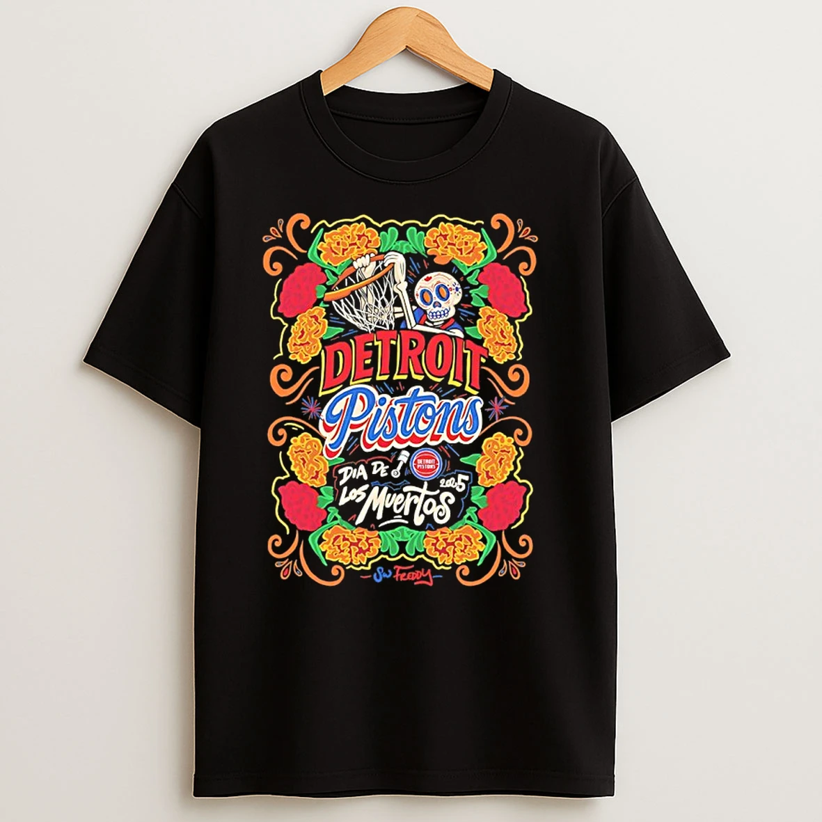 Detroit Pistons Dia De Los Muertos Skull 2025 T Shirts