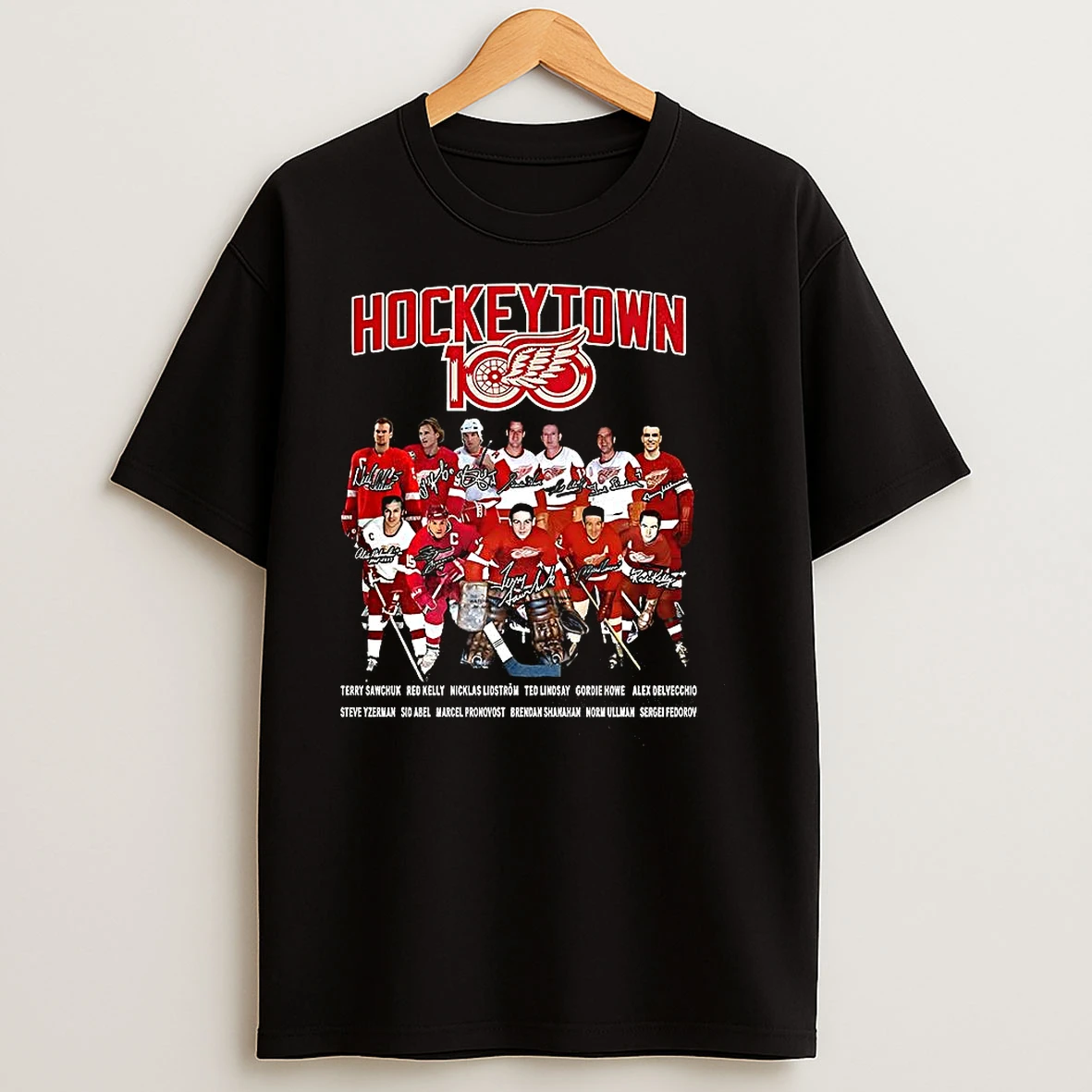 Detroit Red Wings Nhl Hockeytown 100th Anniversary Player Signature T Shirts