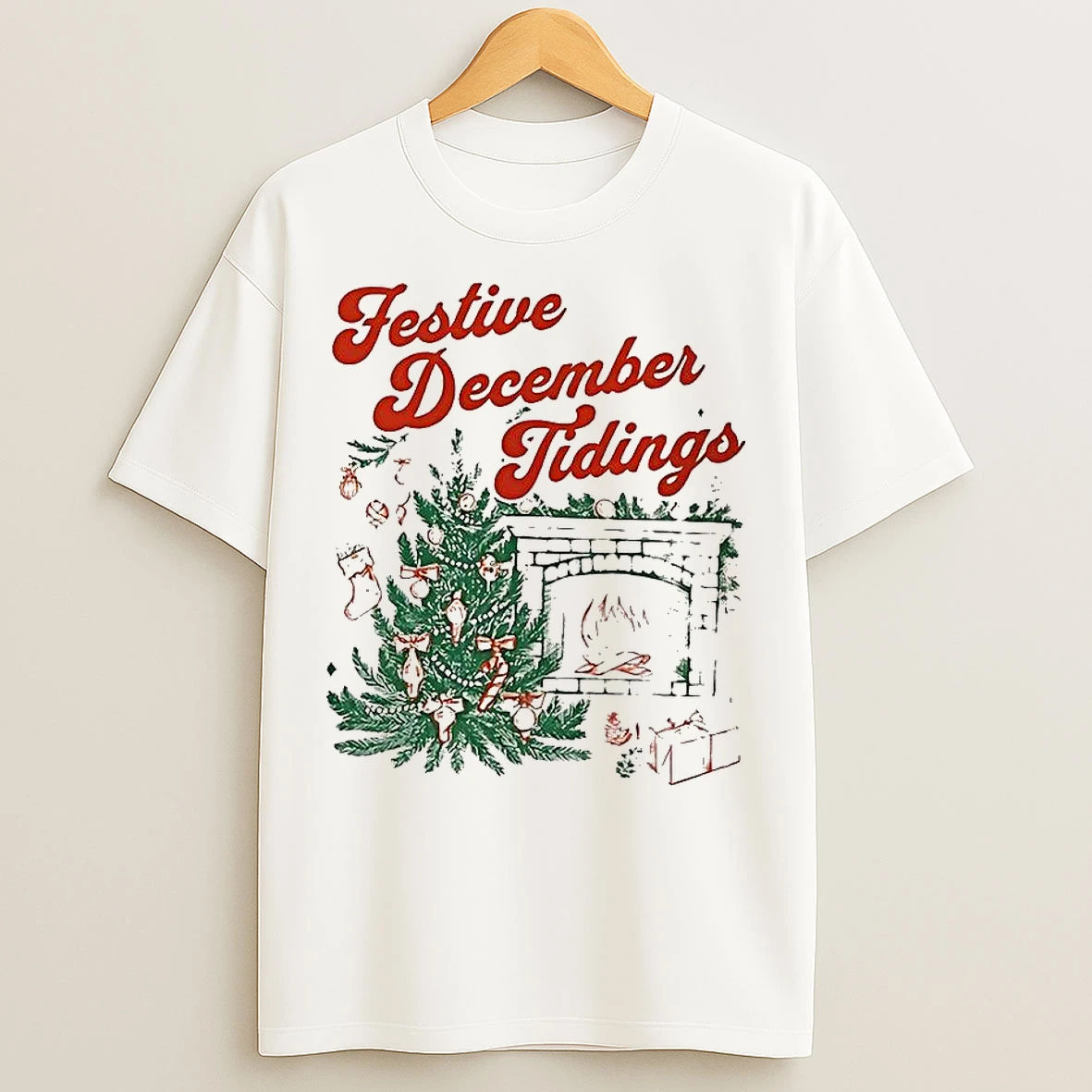 Festive December Tidings Christmas Tree And Fireplace T Shirts