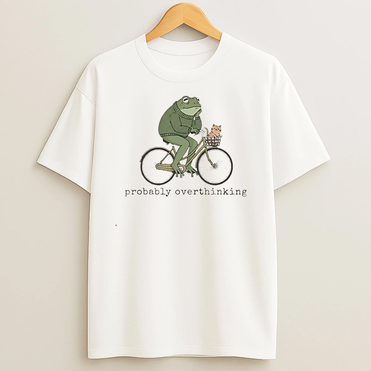 Frog Riding A Bike With Cat Probably Overthinking Funny Meme Christmas T Shirts