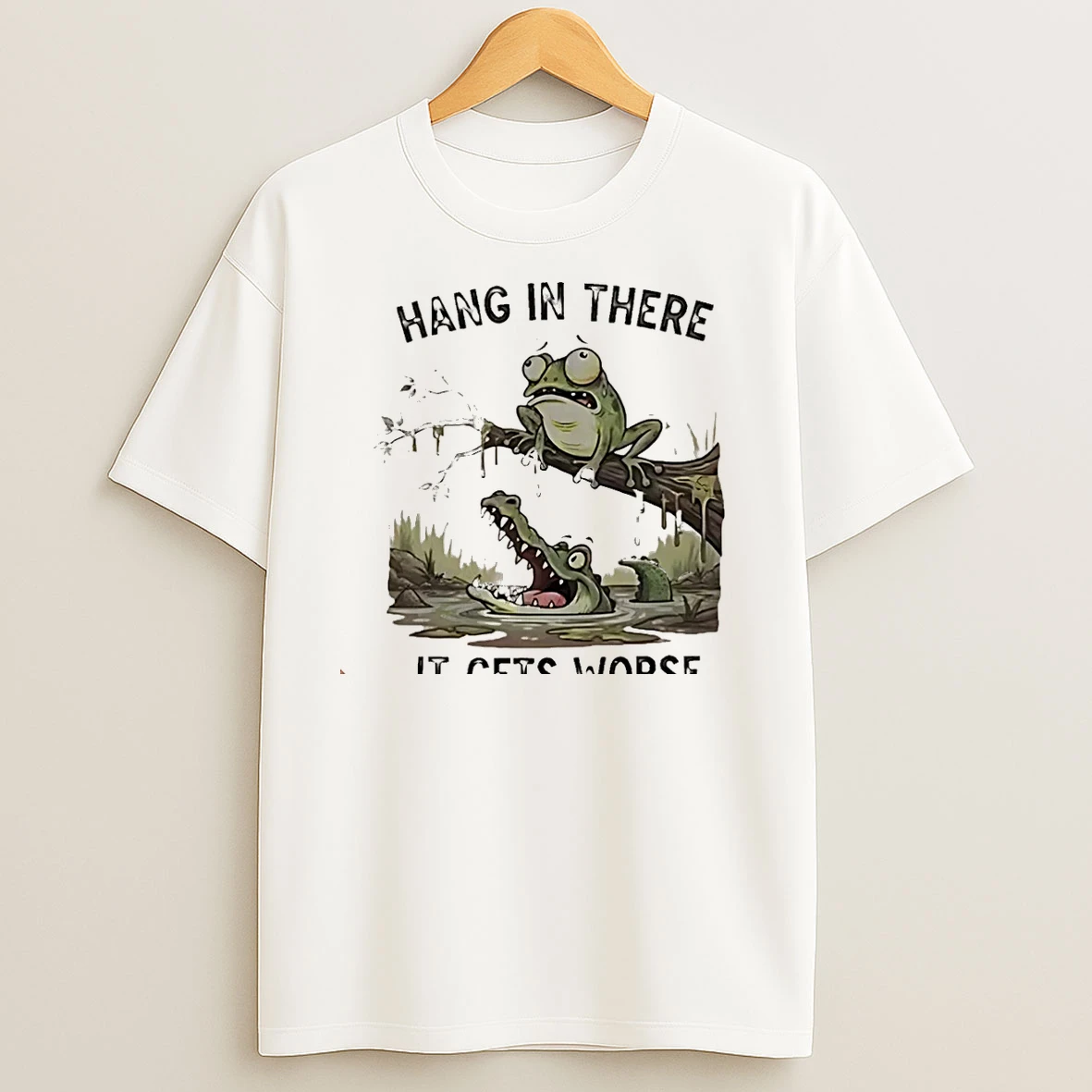 Frog And Alligator Hang In There It Gets Worse Christmas T Shirts