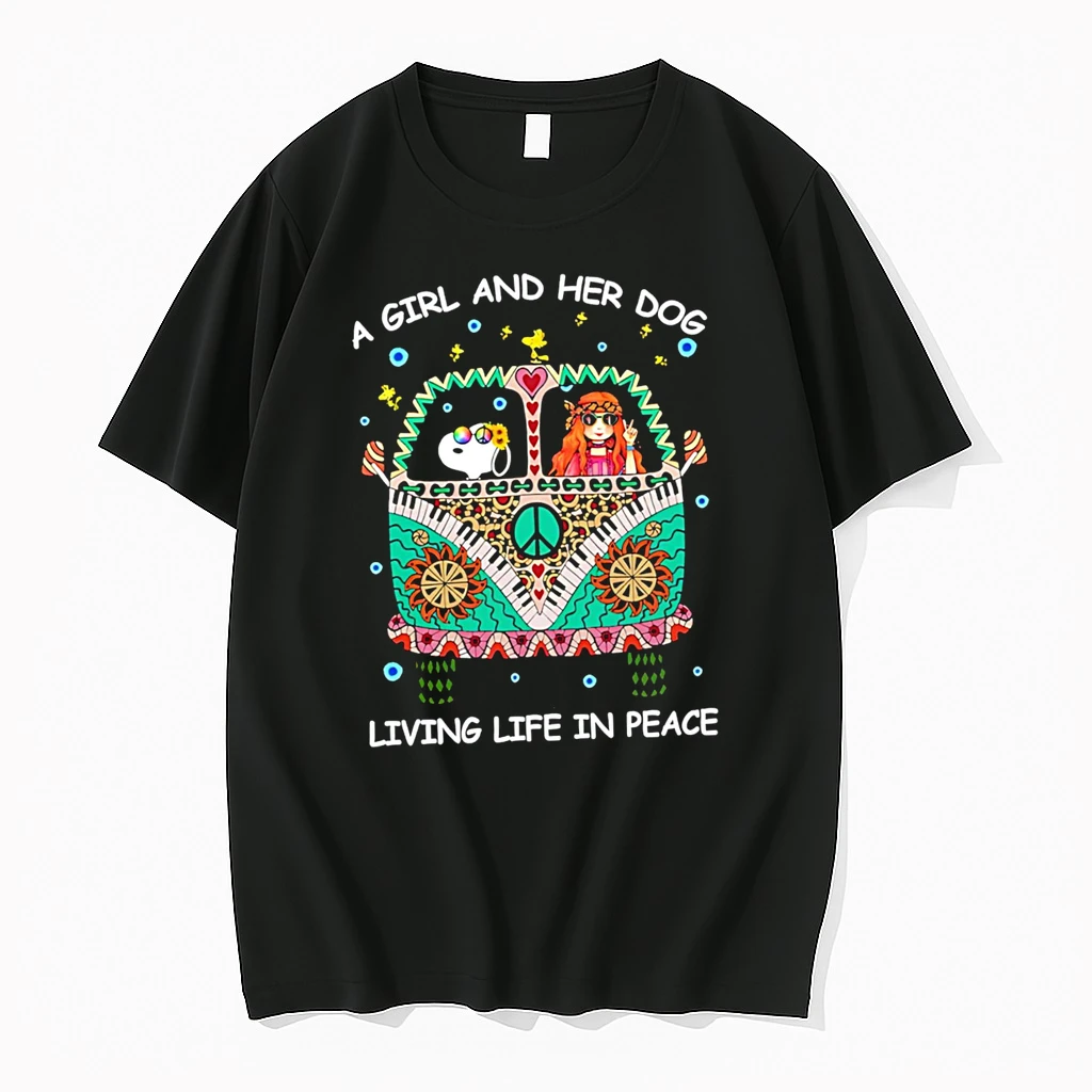 Funny A Girl And Her Dog Living Life In Peace Snoopy Hippie Bus Shirts