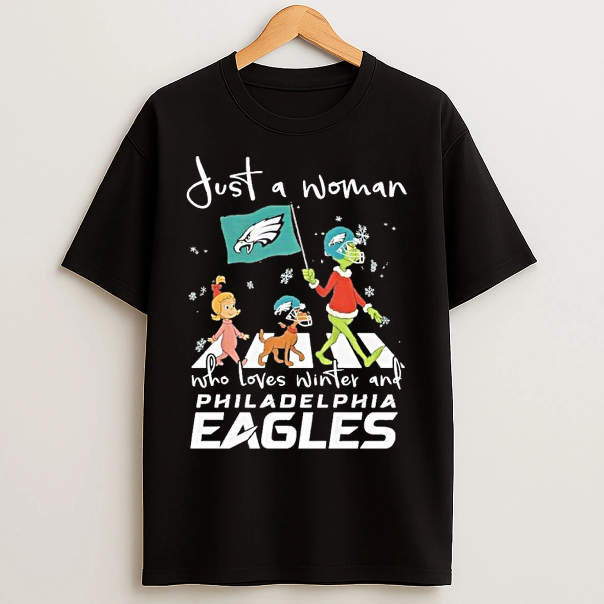 Grinch And Friend Just A Woman Who Loves Winter And Philadelphia Eagles T Shirts