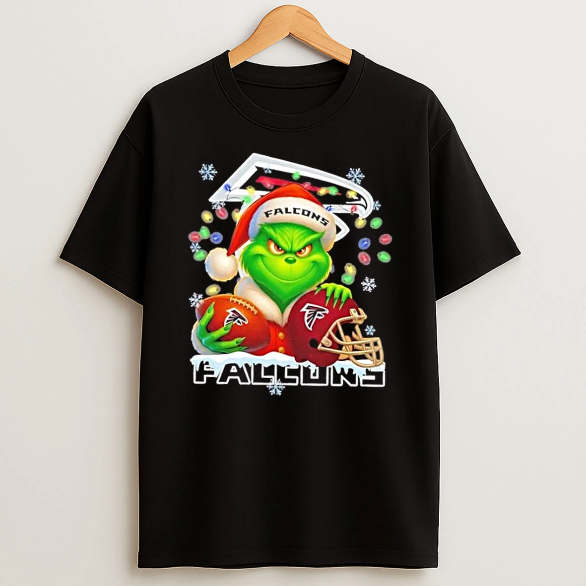 Grinch Christmas Lights Holding A Ball And Smiling At Atlanta Falcons Fans Shirts